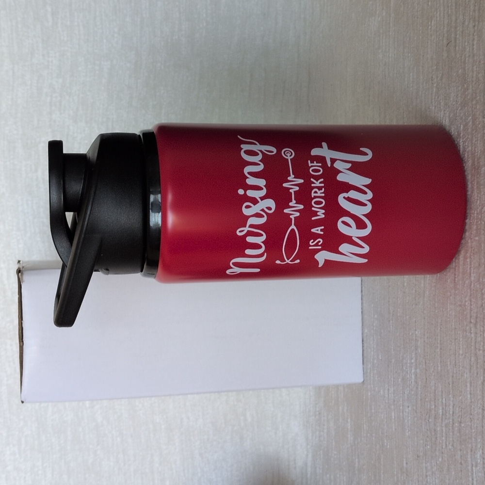 Metal Water Bottle 16oz RED Nurse Themed Black  Flip Lid Never Used